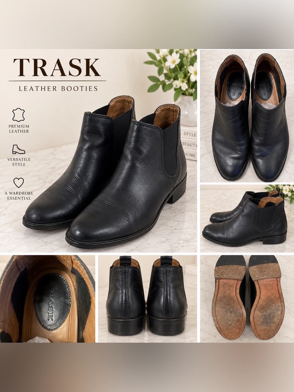 Trask Black Leather Ankle Booties with Elastic Side Panels
